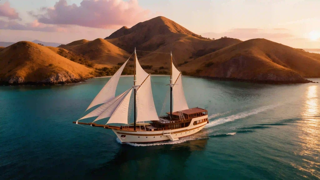 Private phinisi yacht under sail in Indonesia