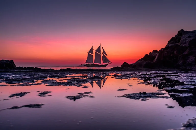 Luxury phinisi under sail at sunset