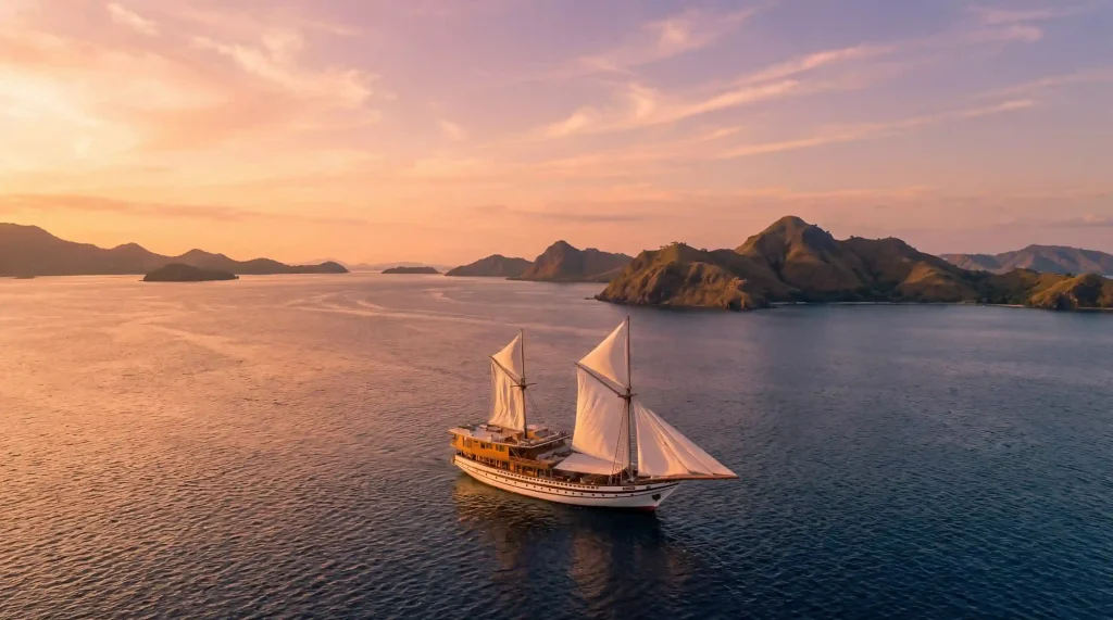 Sailing phinisi under way, Indonesia